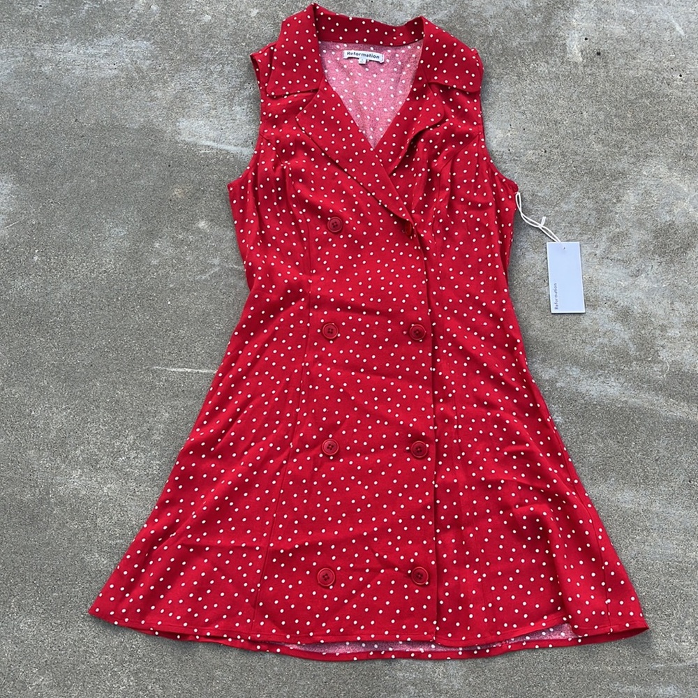 Reformation Leith Red and White Polka Dot Dress. Sold Out!